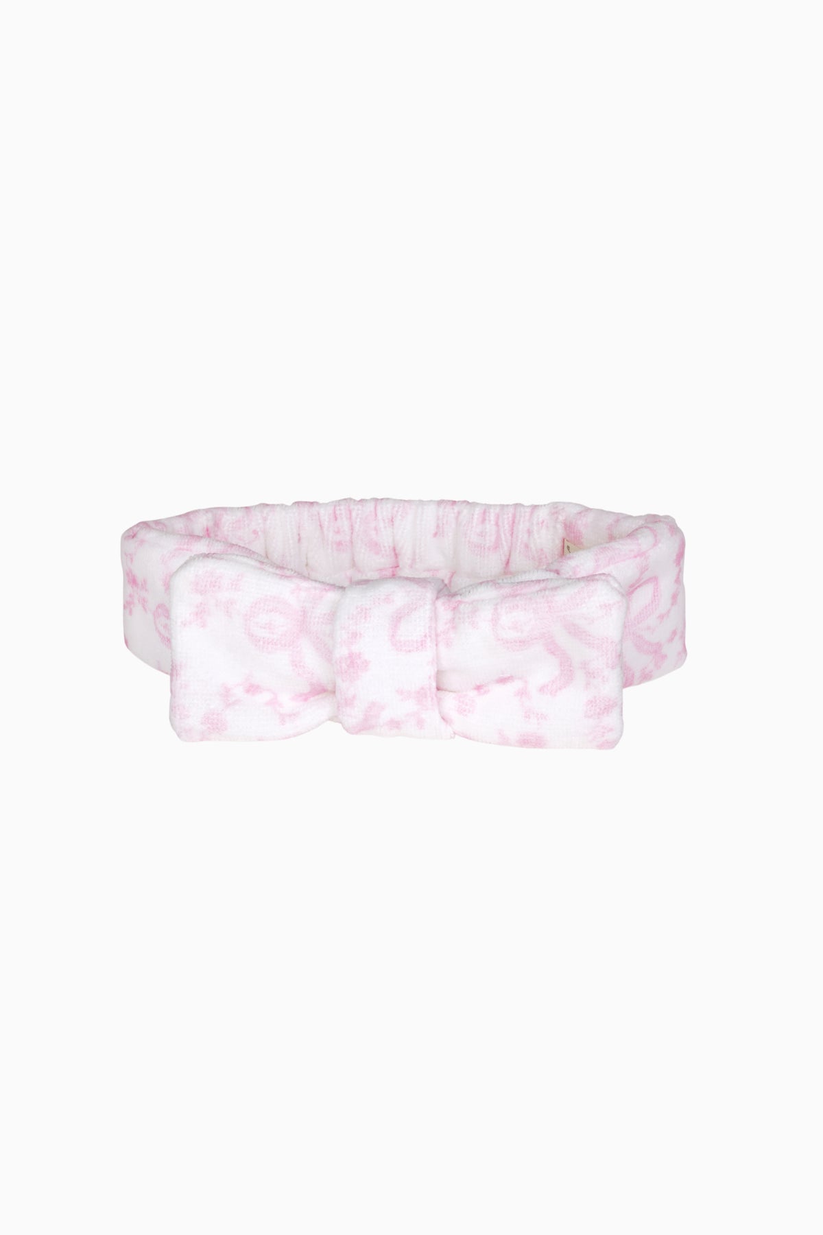 Bow print beauty headband, light pink with bow pattern and gathered edge