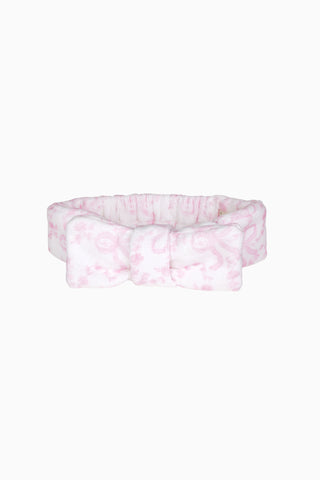 Bow print beauty headband, light pink with bow pattern and gathered edge