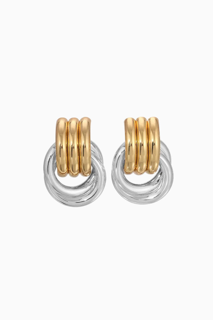Mixed-metal mini knot hoop earrings, gold and silver curved layered loops