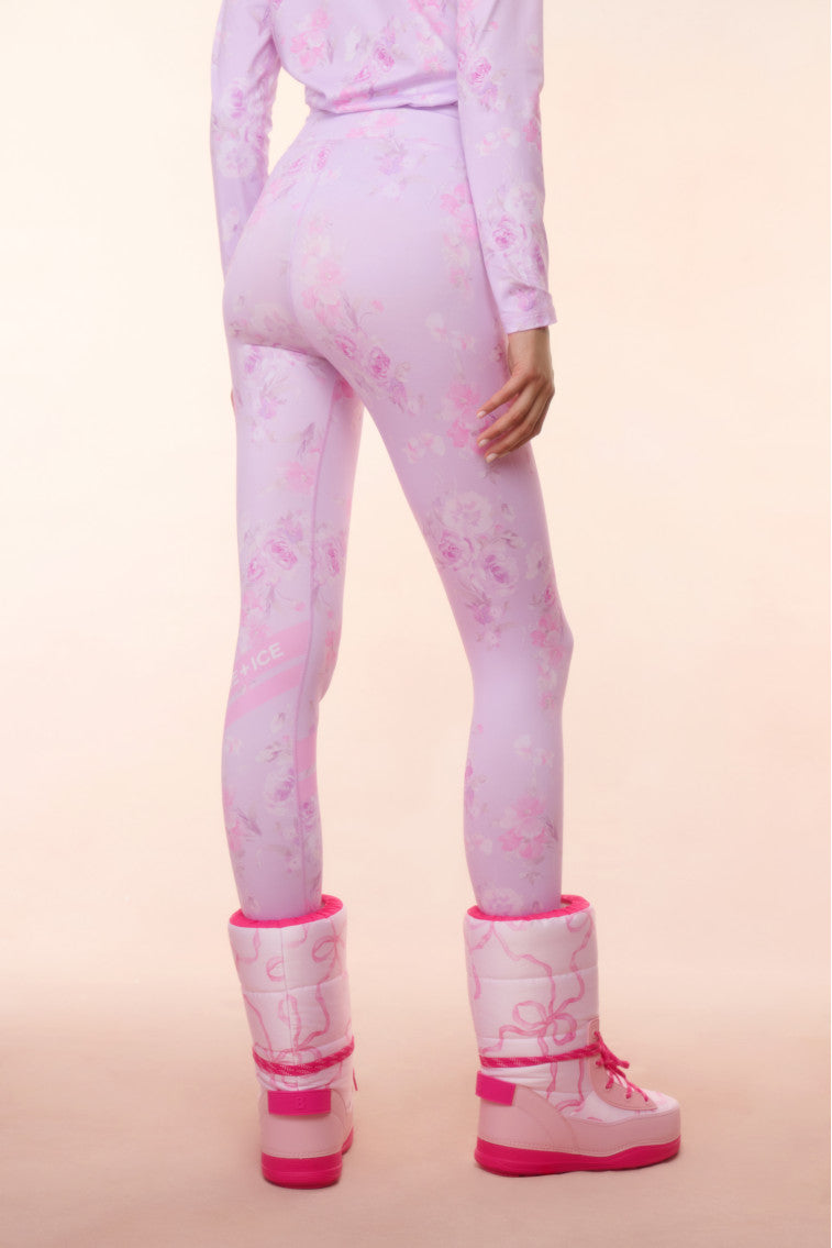 Pink floral-print leggings with tapered ankle fit and elastic waist.