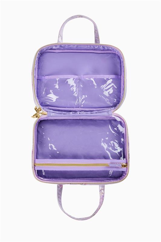 Purple glossy travel box with top handle, open two-compartment interior