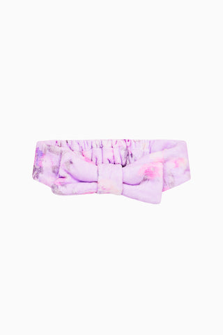 Purple-pink bow face-wash headband with padded knot and gathered band