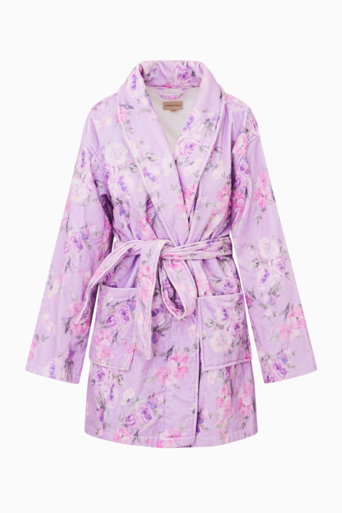 Purple floral cotton bathrobe with shawl collar and tie belt, long sleeves, front view