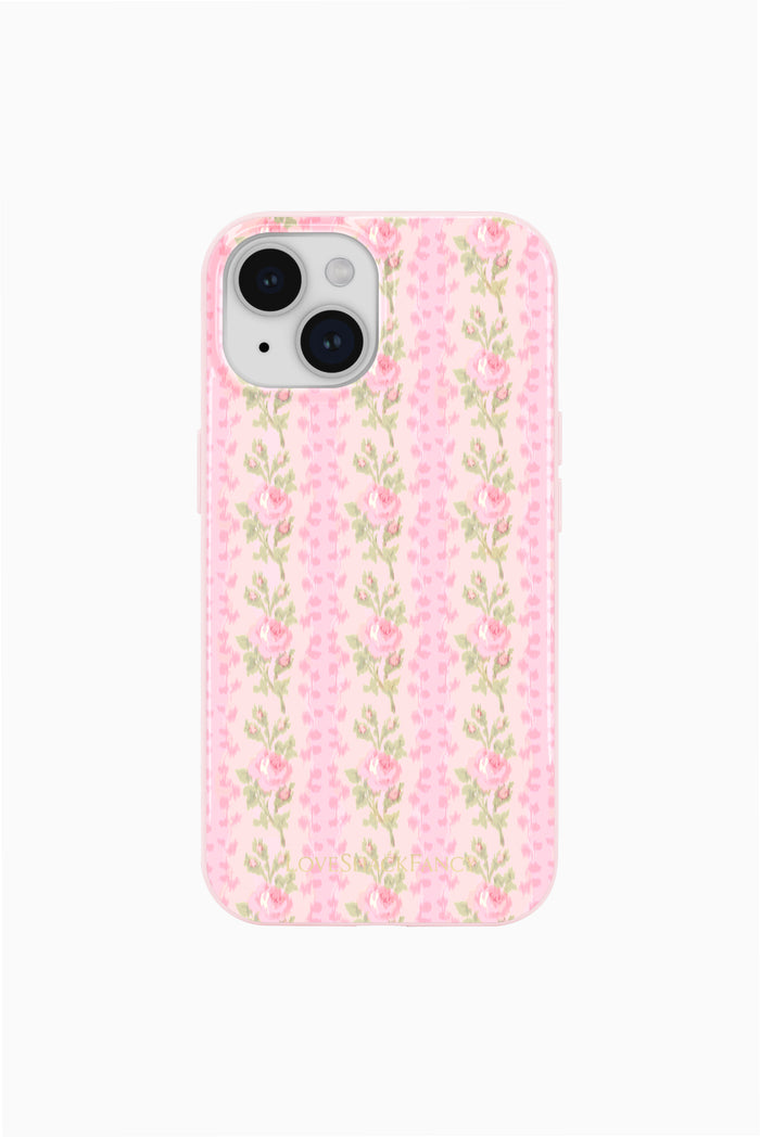 Pink floral smartphone case with glossy finish and dual camera cutout