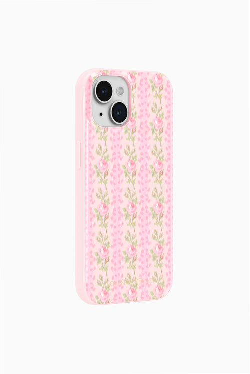 Pink floral smartphone case with glossy finish and dual camera cutout