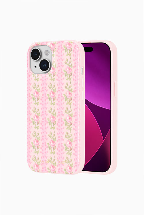 Pink floral phone case with dual camera cutout; side view with screen showing