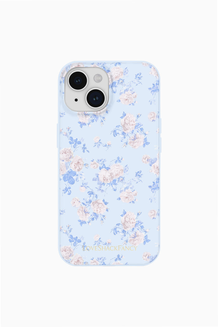 Light blue floral rosette iPhone case with pastel blossoms and camera cutouts