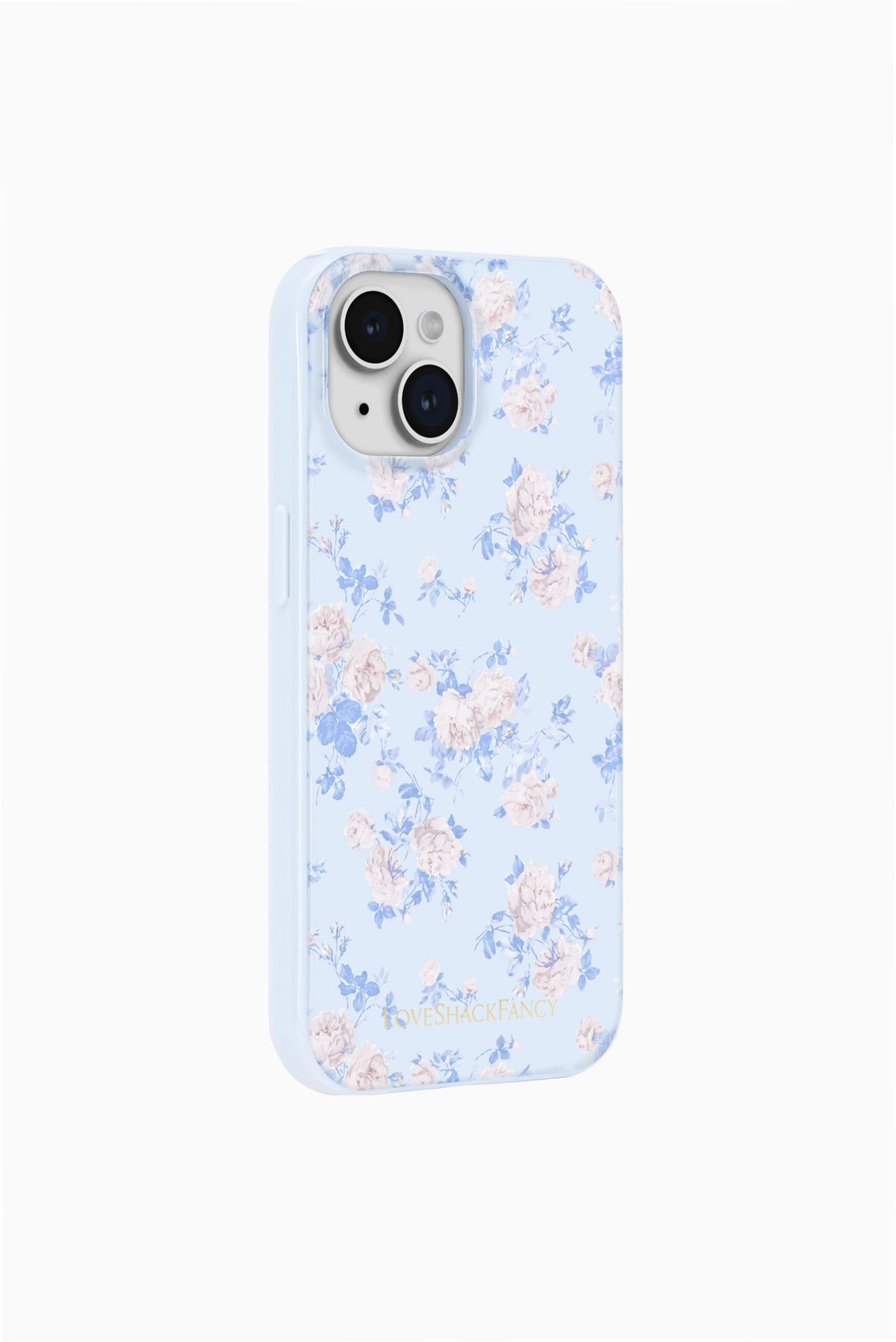 Slim iPhone case with light blue floral rosette pattern and dual camera cutouts