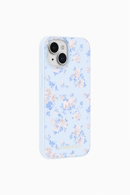Slim iPhone case with light blue floral rosette pattern and dual camera cutouts