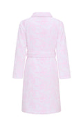 Kids cotton bath robe, white with pink motif, back view, tie belt, long sleeves