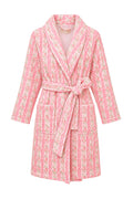 Kids cotton bath robe, pink floral print, wrap belt, shawl collar, long sleeves