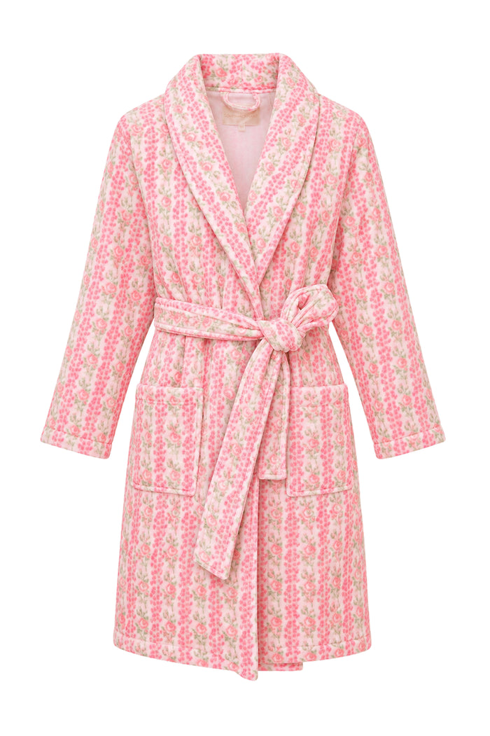 Kids cotton bath robe, pink floral print, wrap belt, shawl collar, long sleeves - Customized