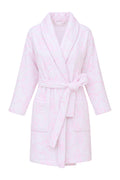 Kids cotton bath robe, white with pink motif, belt tie, patch pockets, shawl collar