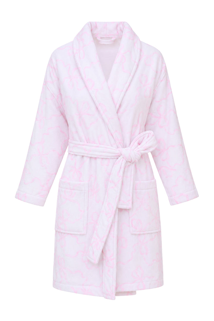 Kids cotton bath robe, white with pink motif, belt tie, patch pockets, shawl collar