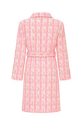 Kids cotton bath robe, pink floral print, back view, tie belt, shawl collar, long sleeves