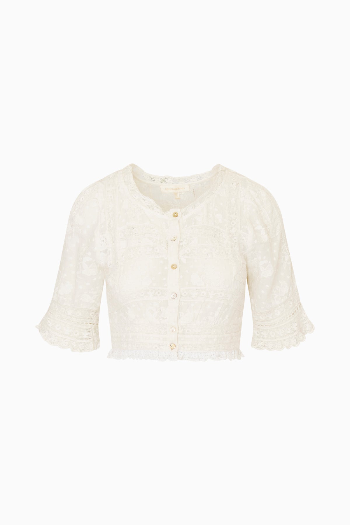 White cotton Victorian crop top with button-front and lace-trim sleeves