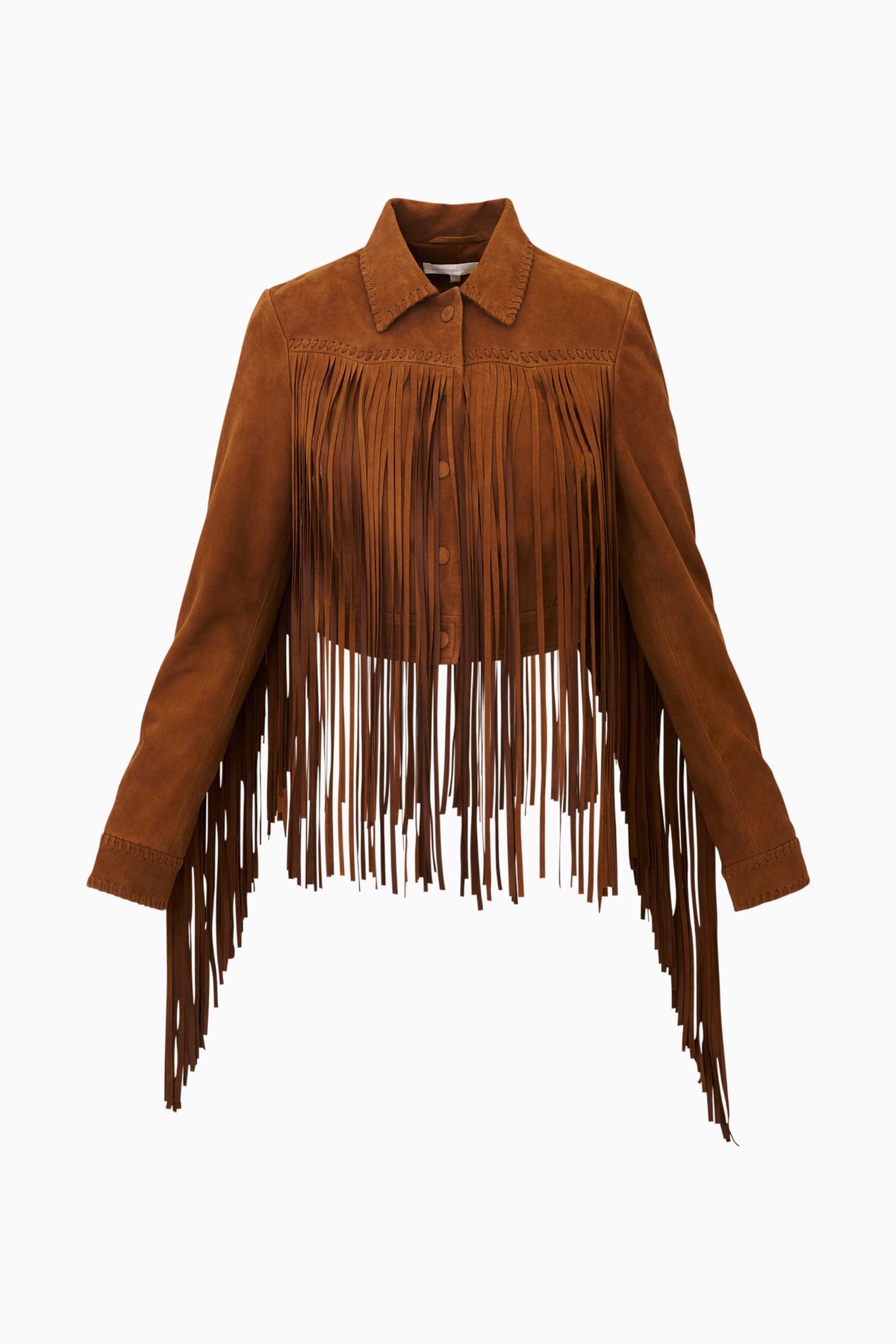 Tan suede fringe jacket with pointed collar, button front, and long hanging fringe panels.