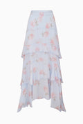 Floral chiffon maxi skirt in light blue with pink print, tiered ruffle hem