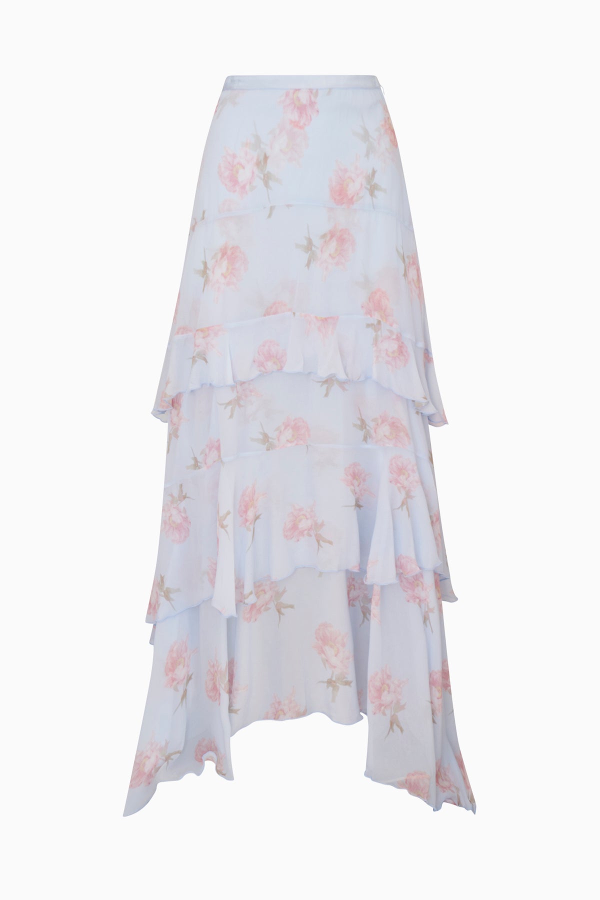 Floral chiffon maxi skirt in light blue with pink print, tiered ruffle hem