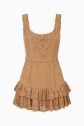 Tan suede eyelet mini dress with scalloped hem and embroidered yoke