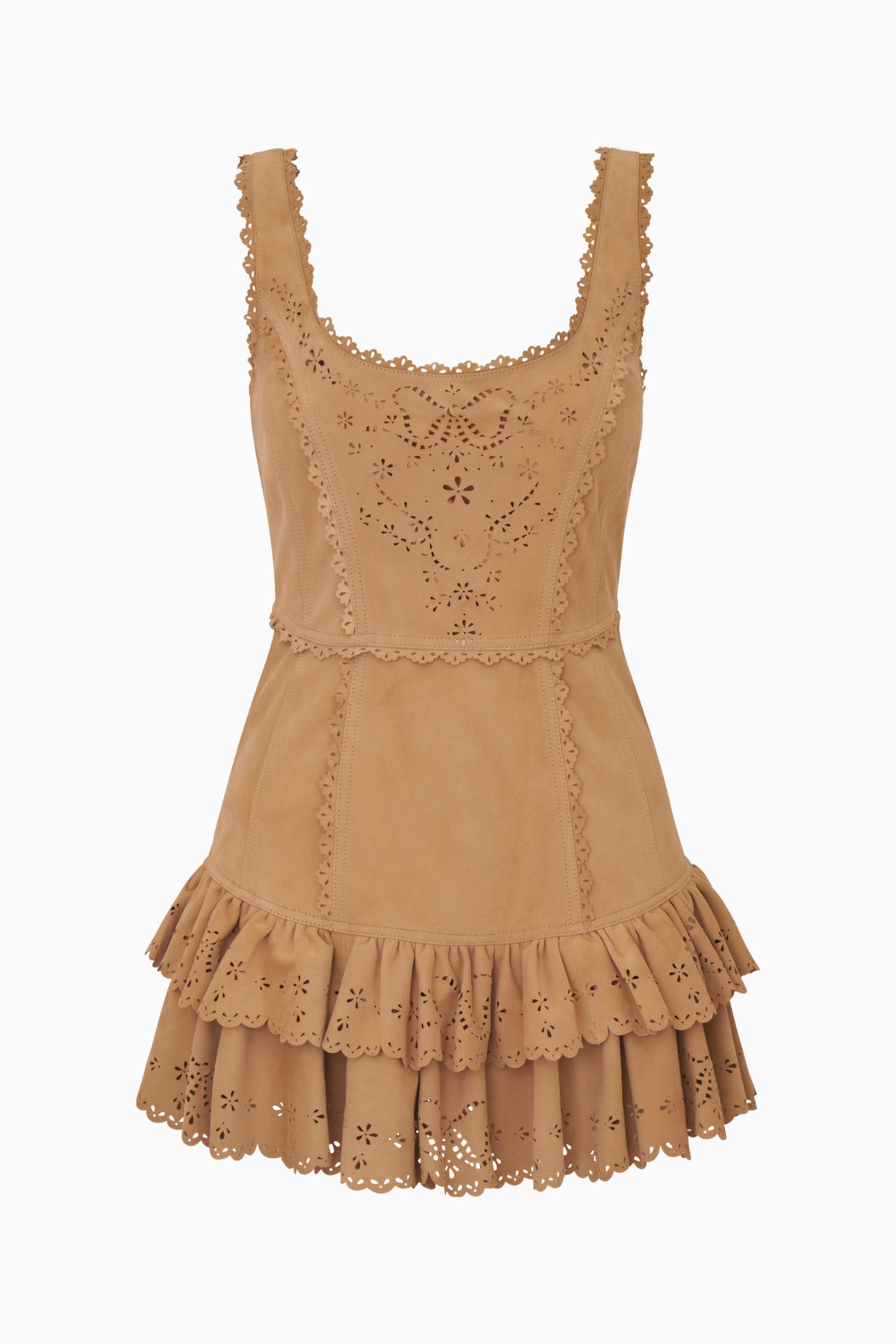 Tan suede eyelet mini dress with scalloped hem and embroidered yoke