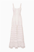 White cotton Victorian maxi dress with lace-textured panels and tiered hem