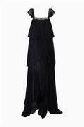 Black silk chiffon maxi dress with off-shoulder neckline and tiered ruffles
