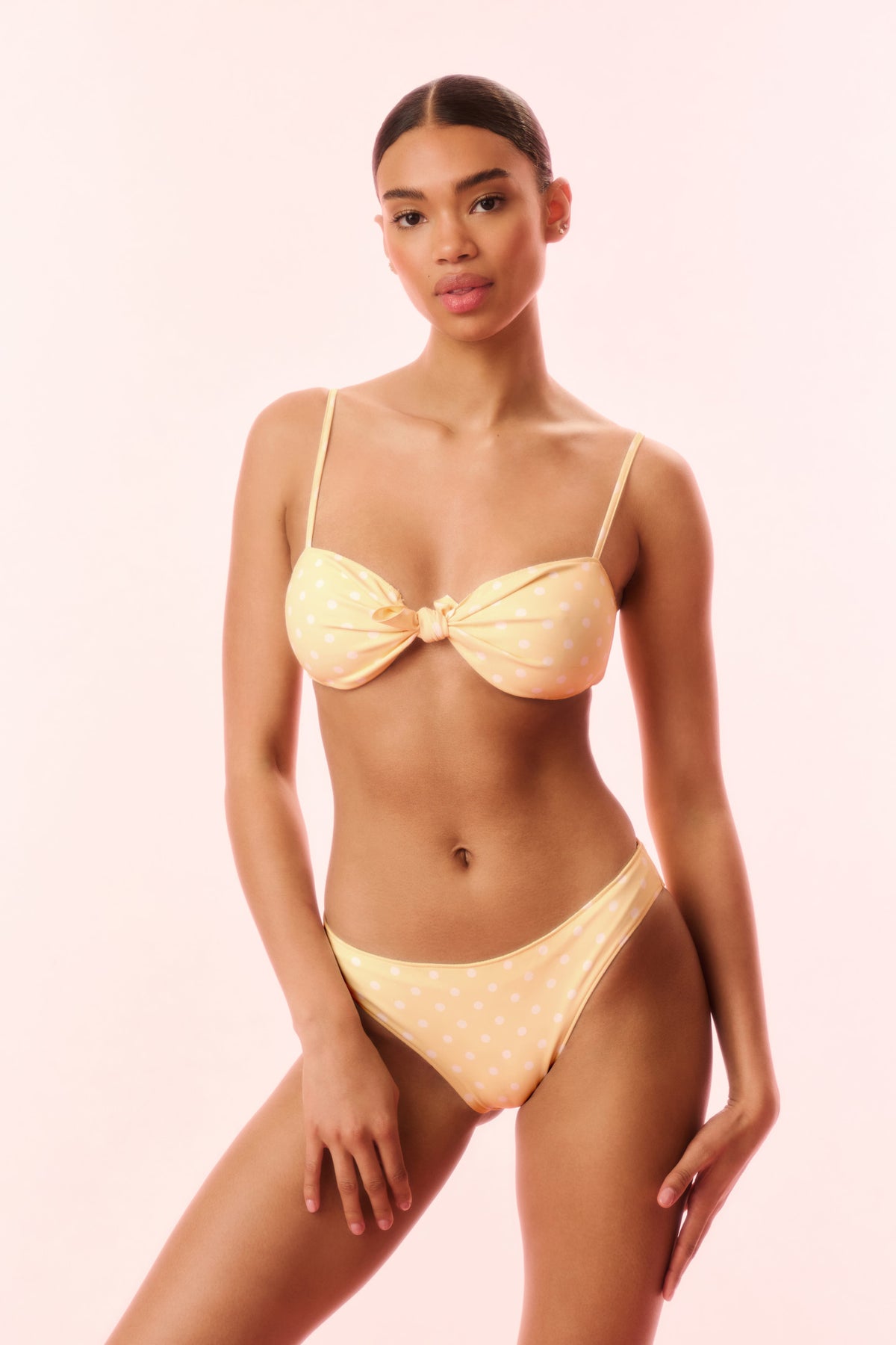 Marigold yellow polka-dot bikini set with sweetheart cups and center knot