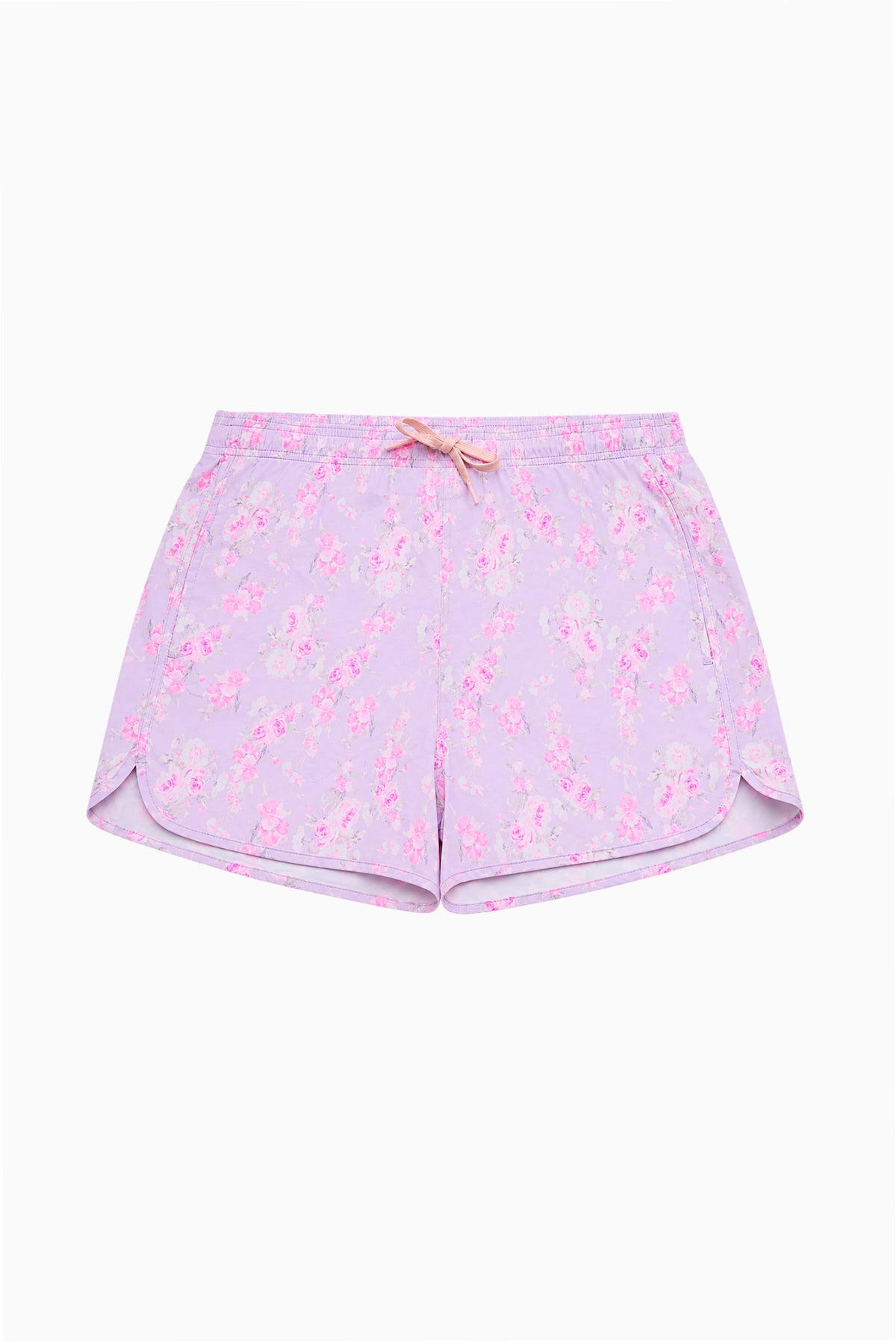 MR FANCY Kai pink print swim shorts with drawstring waist, side slit hems