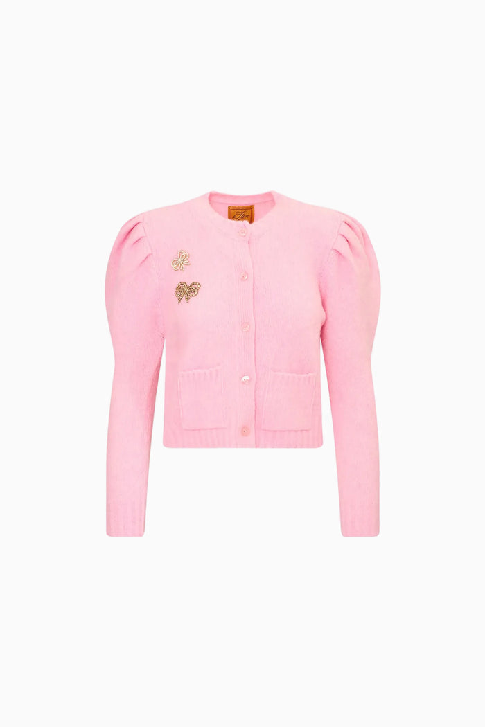 Girls pink button-up cardigan with puff sleeves and bow detail
