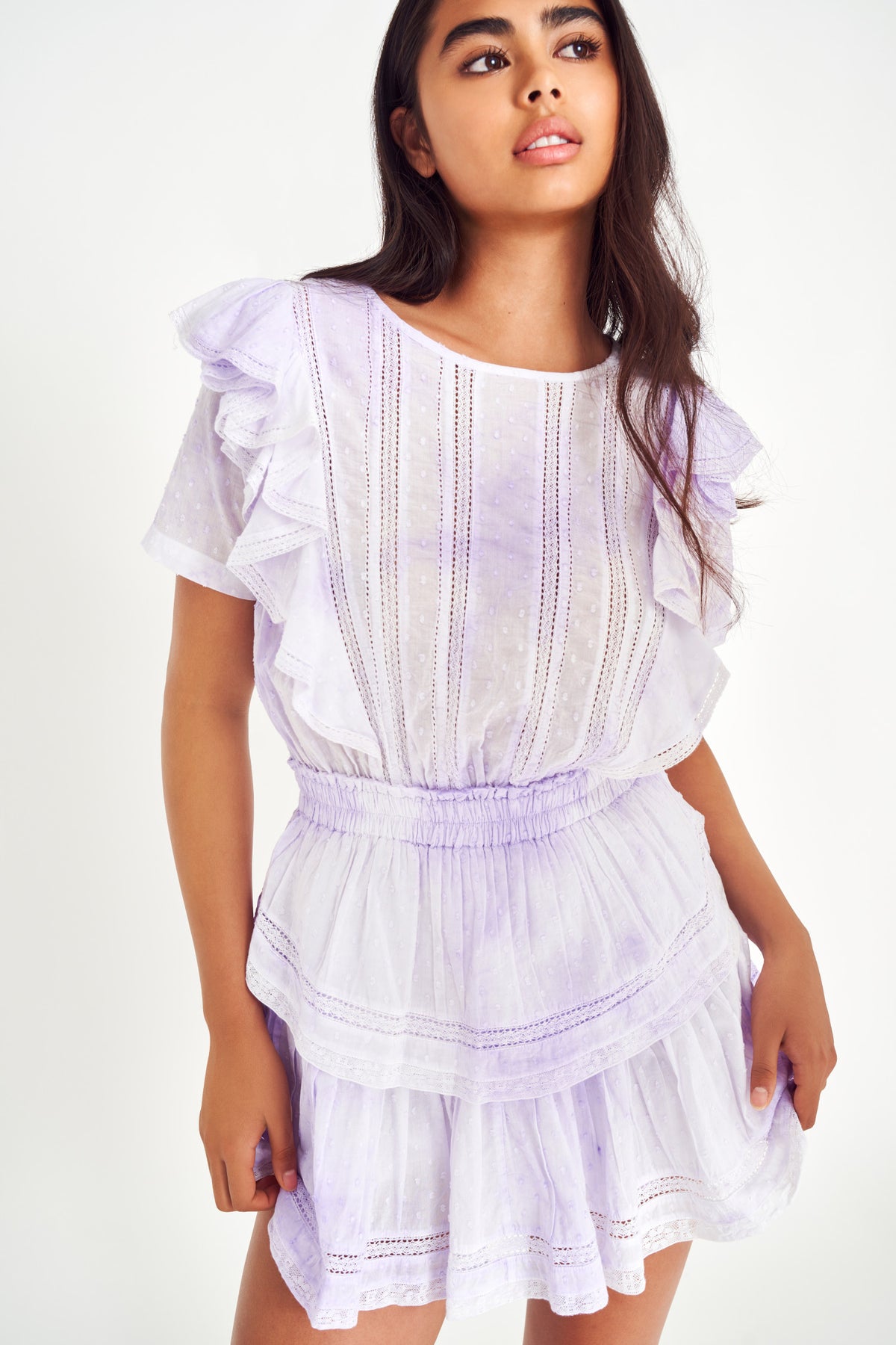 Lavender mini dress with ruffled sleeves, tiered skirt, and vertical embroidered stripes