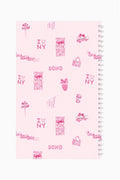 Spiral notebook with pink SOHO print cover and metal coil spiral binding on right