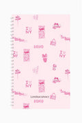 Spiral notebook with pink SOHO print cover and metal coil spiral binding on left