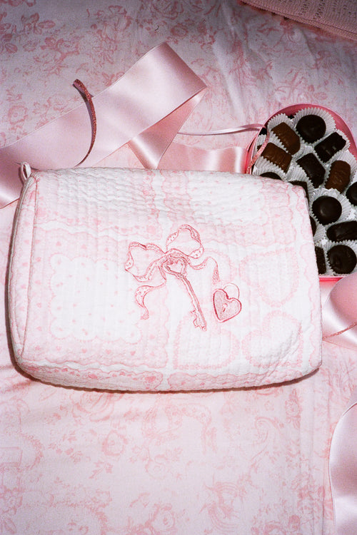 Pink lace Octavia bag with heart embroidery, zip top and short handle