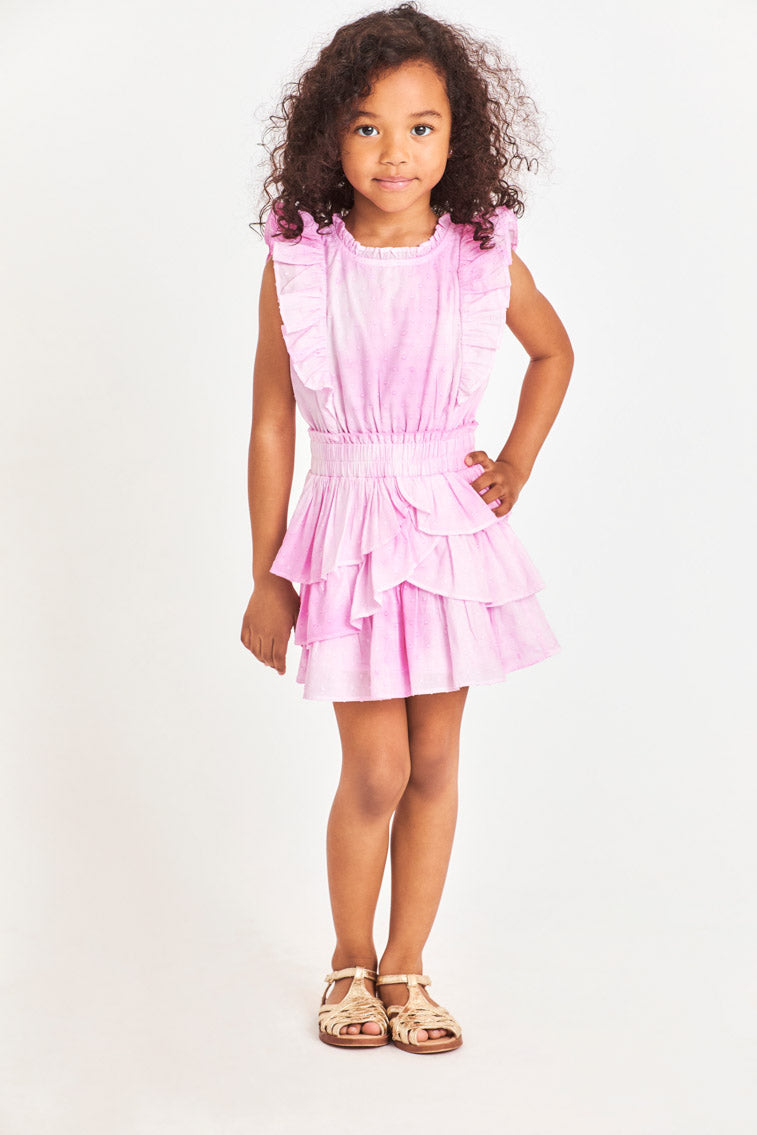 Girls pink tiered ruffle dress with smocked waist and sleeveless tiered skirt