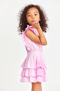 Girls pink tiered ruffle dress, front view with smocked waist and ruffled neckline