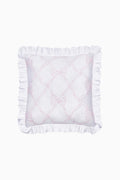 Rosewater embroidered euro pillow with white ruffle trim and bow lattice embroidery