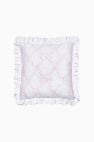 Rosewater embroidered euro pillow with white ruffle trim and bow lattice embroidery