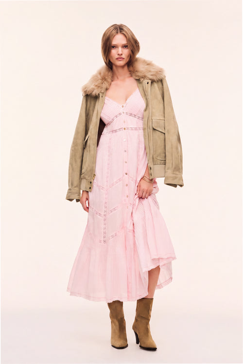 Pink midi cotton dress with V-neck, spaghetti straps, and embroidered front panels