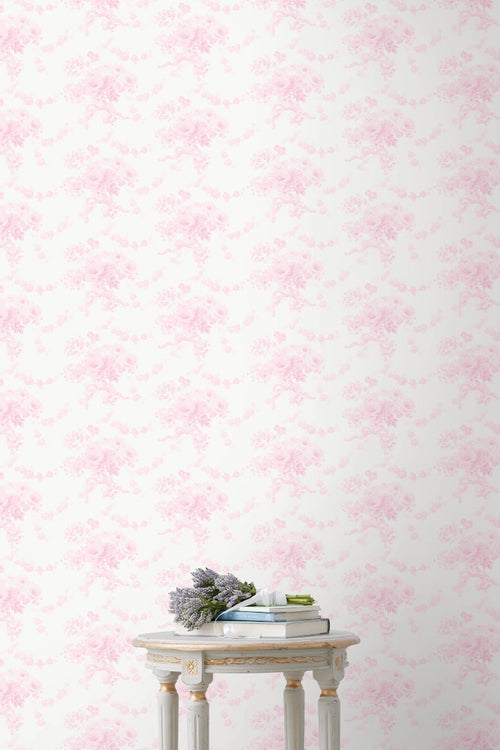 Peel-and-stick floral wallpaper in soft pink on a light background
