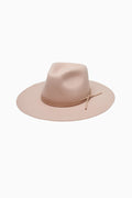 Blush felt fedora hat with wide brim, band, and small tie on side