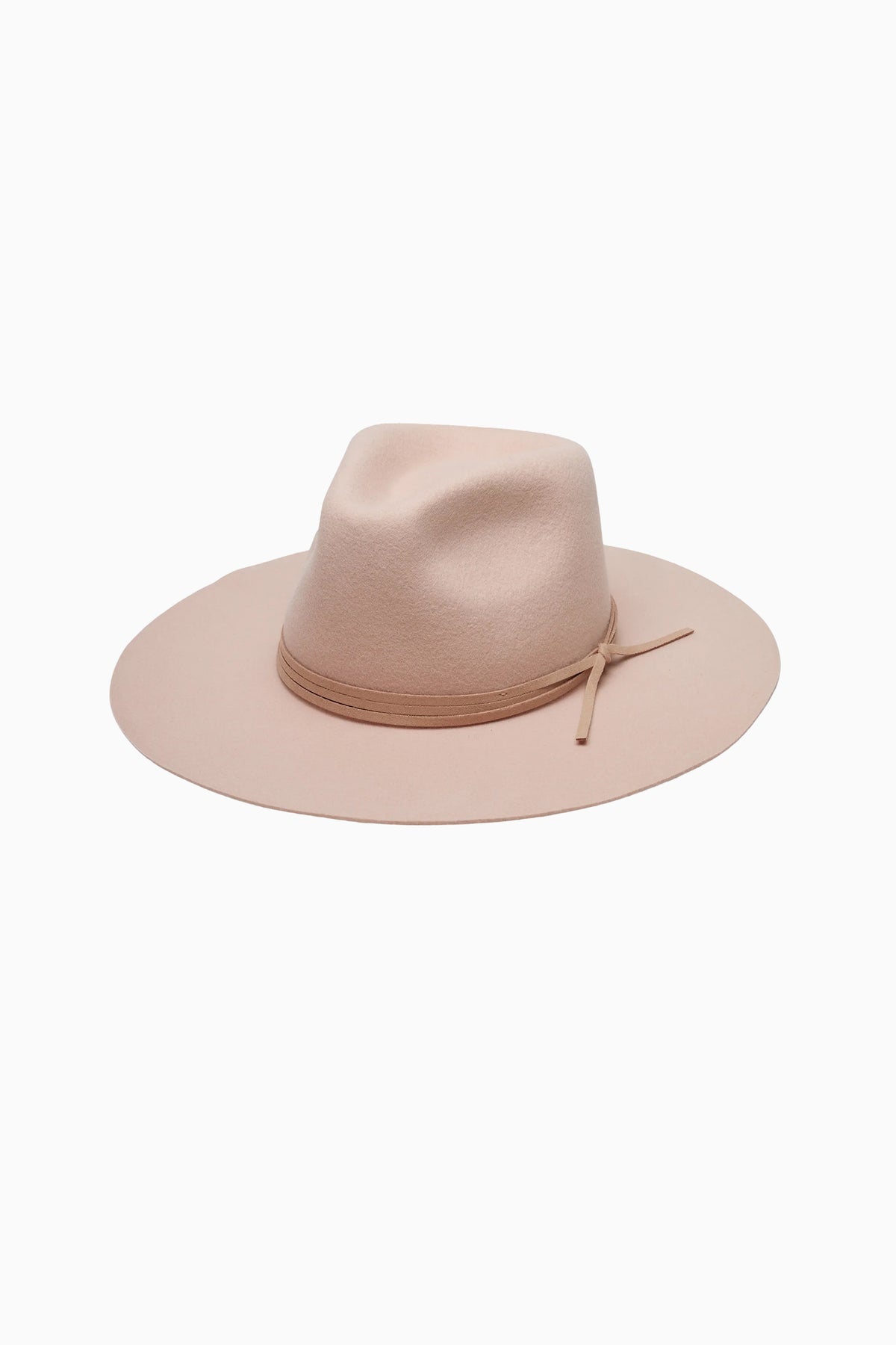 Blush felt fedora hat with wide brim, band, and small tie on side