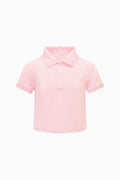 Light pink polo shirt with short sleeves and button placket