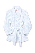 Light blue floral cotton bath robe with belt tie waist, long sleeves, hooded collar