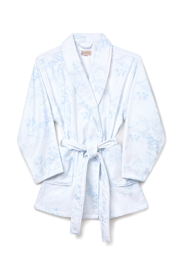 Light blue floral cotton bath robe with belt tie waist, long sleeves, hooded collar