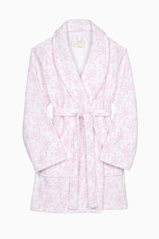 Light pink cotton bath robe flat lay, hooded robe with subtle bow print