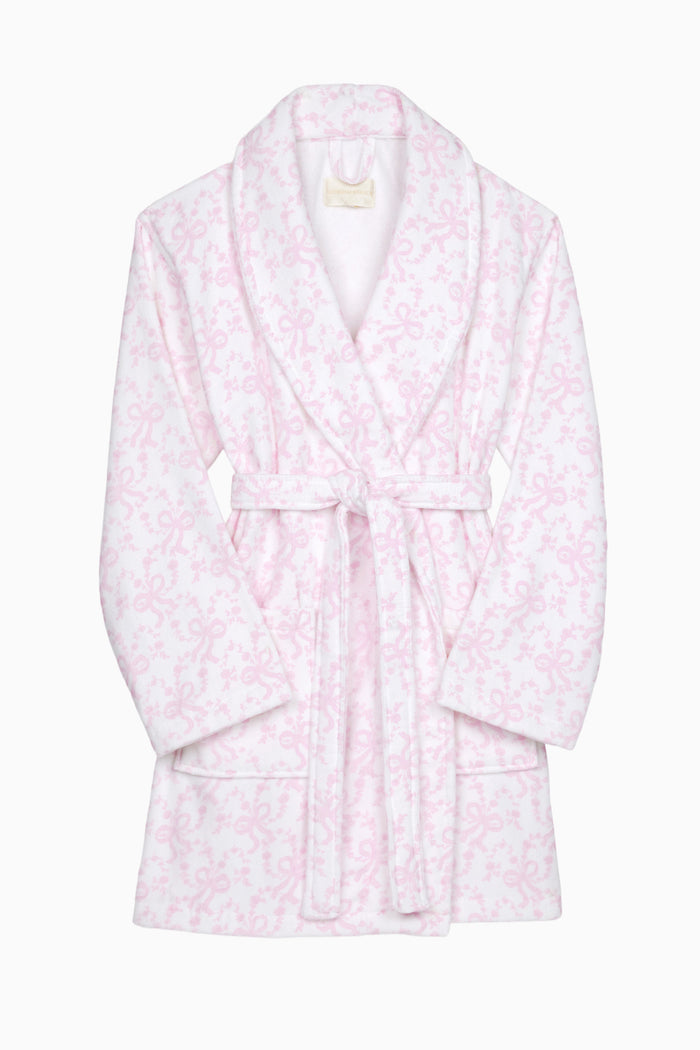 Light pink cotton bath robe flat lay, hooded robe with subtle bow print
