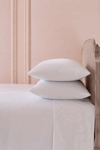 Printed cotton sheet set, pale pink micro-dot print, with matching pillowcases
