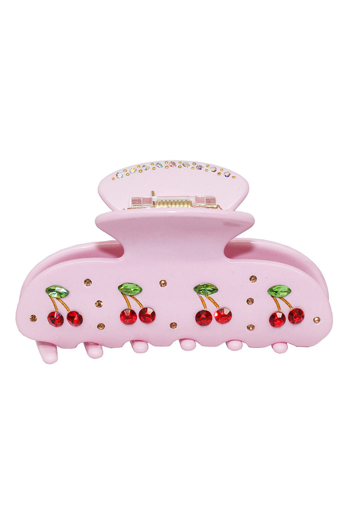 Pink claw clip with cherry slice charms and clear rhinestone dots