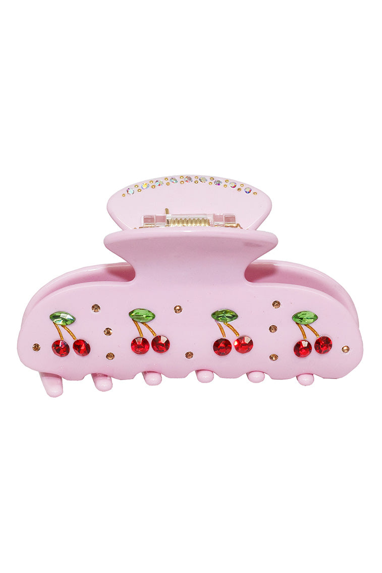 Pink claw clip with cherry slice charms and clear rhinestone dots